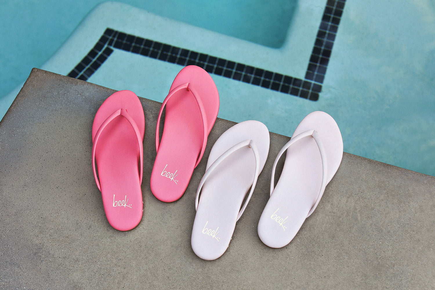 Group shot of Sunbeam leather flip flop sandals in peony and blossom