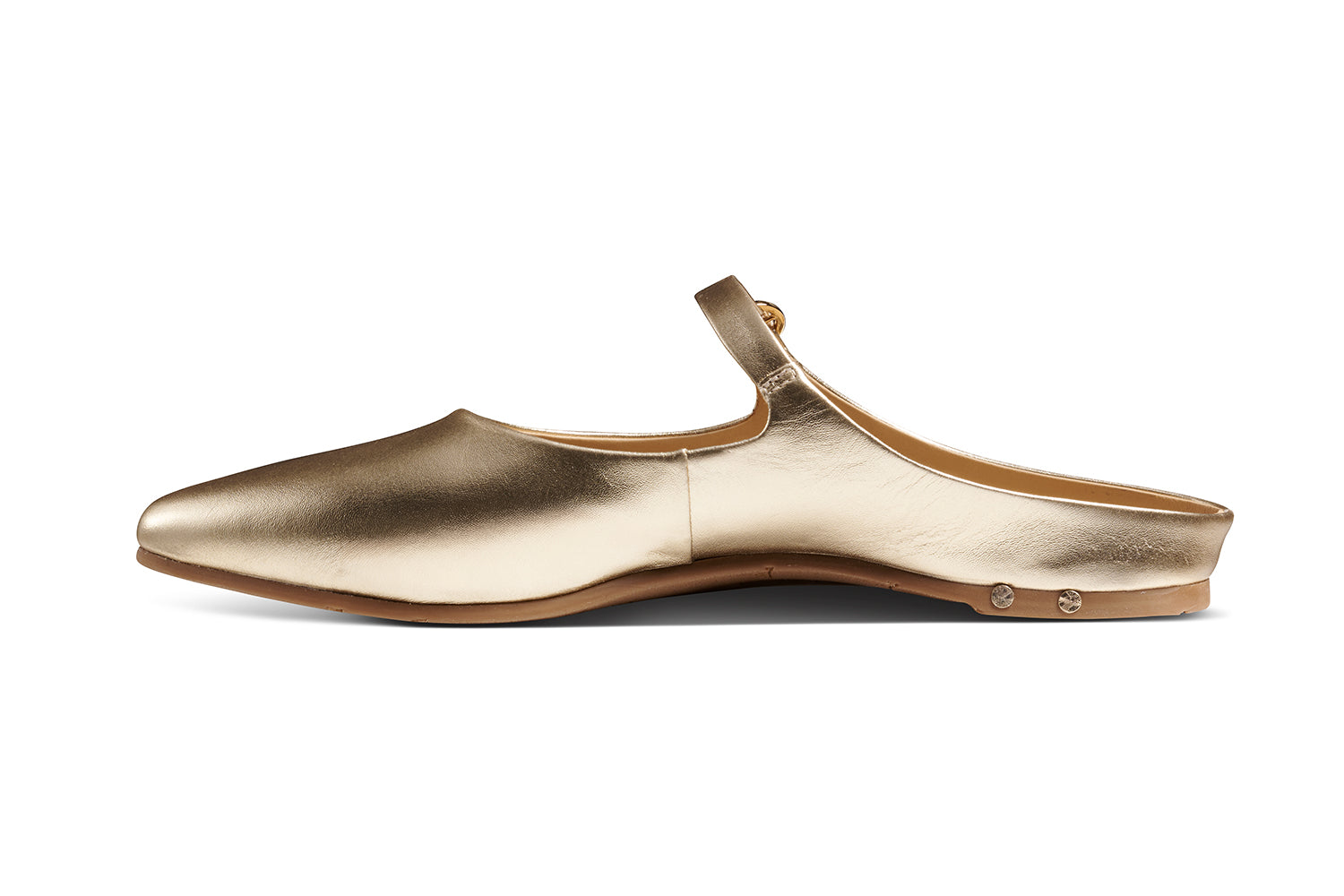 Swallow leather ballet mule in gold - product side shot