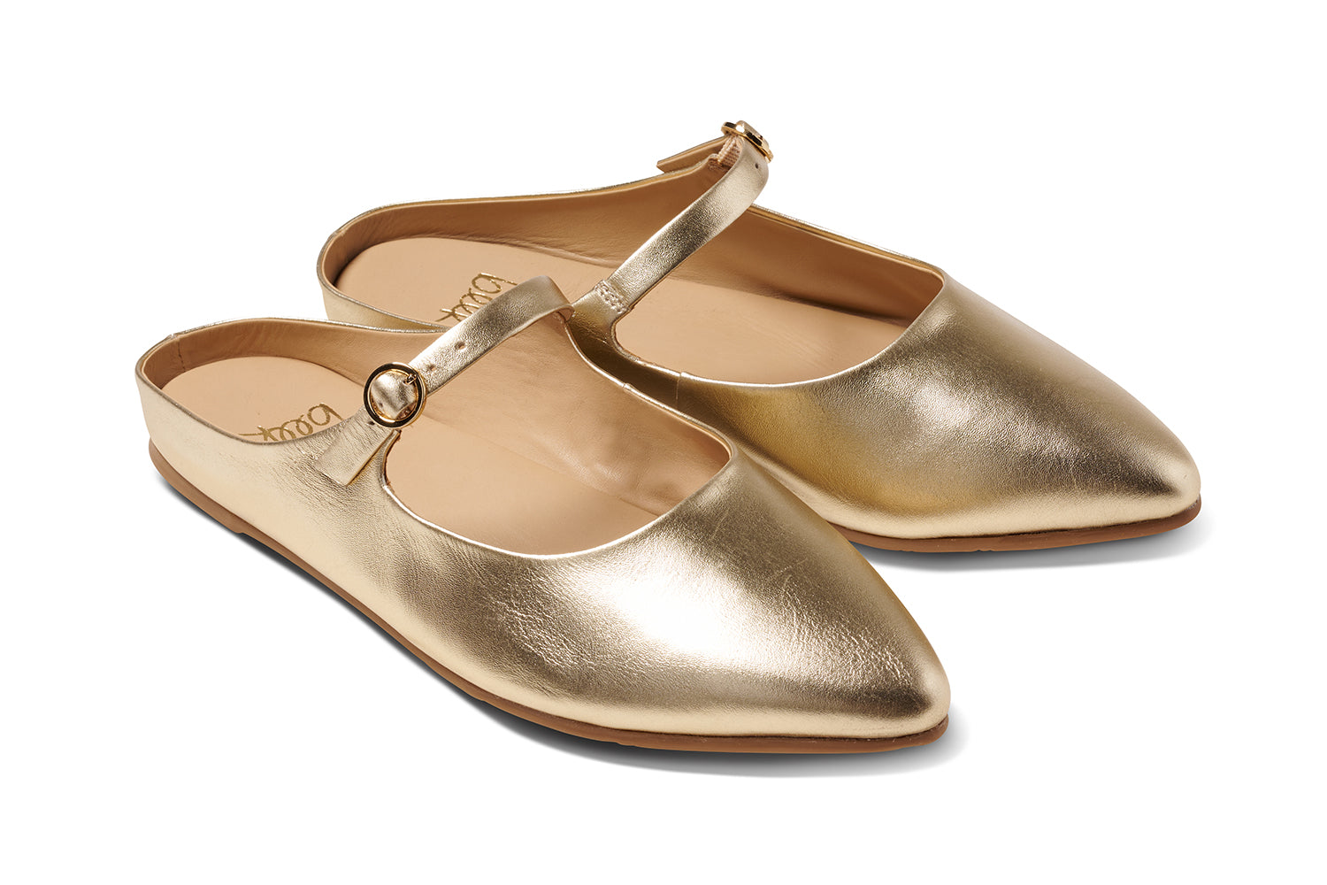 Swallow leather ballet mule in gold - product angle shot