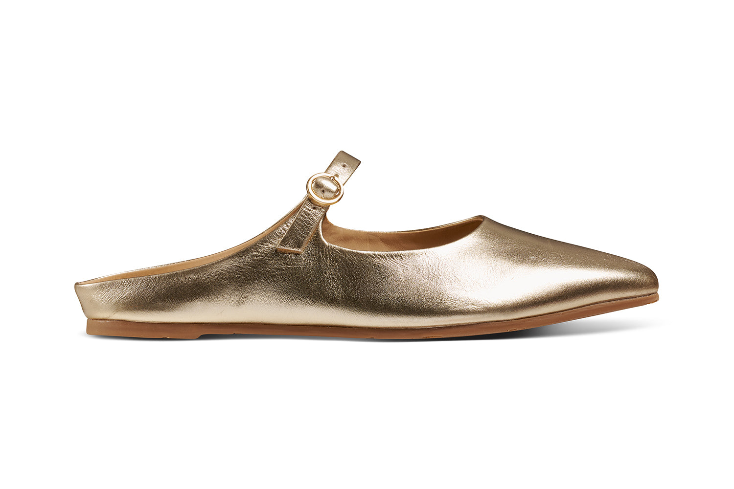 Swallow leather ballet mule in gold - product side shot