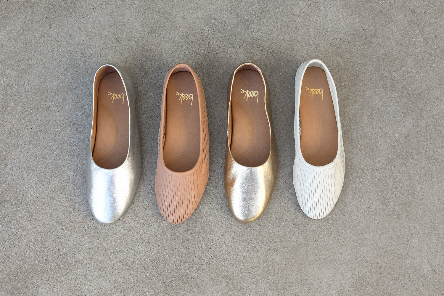 Group shot of Swiftlet leather ballet mule in silver and gold with Swiftlet Perforated leather ballet mules in beach and vanilla.