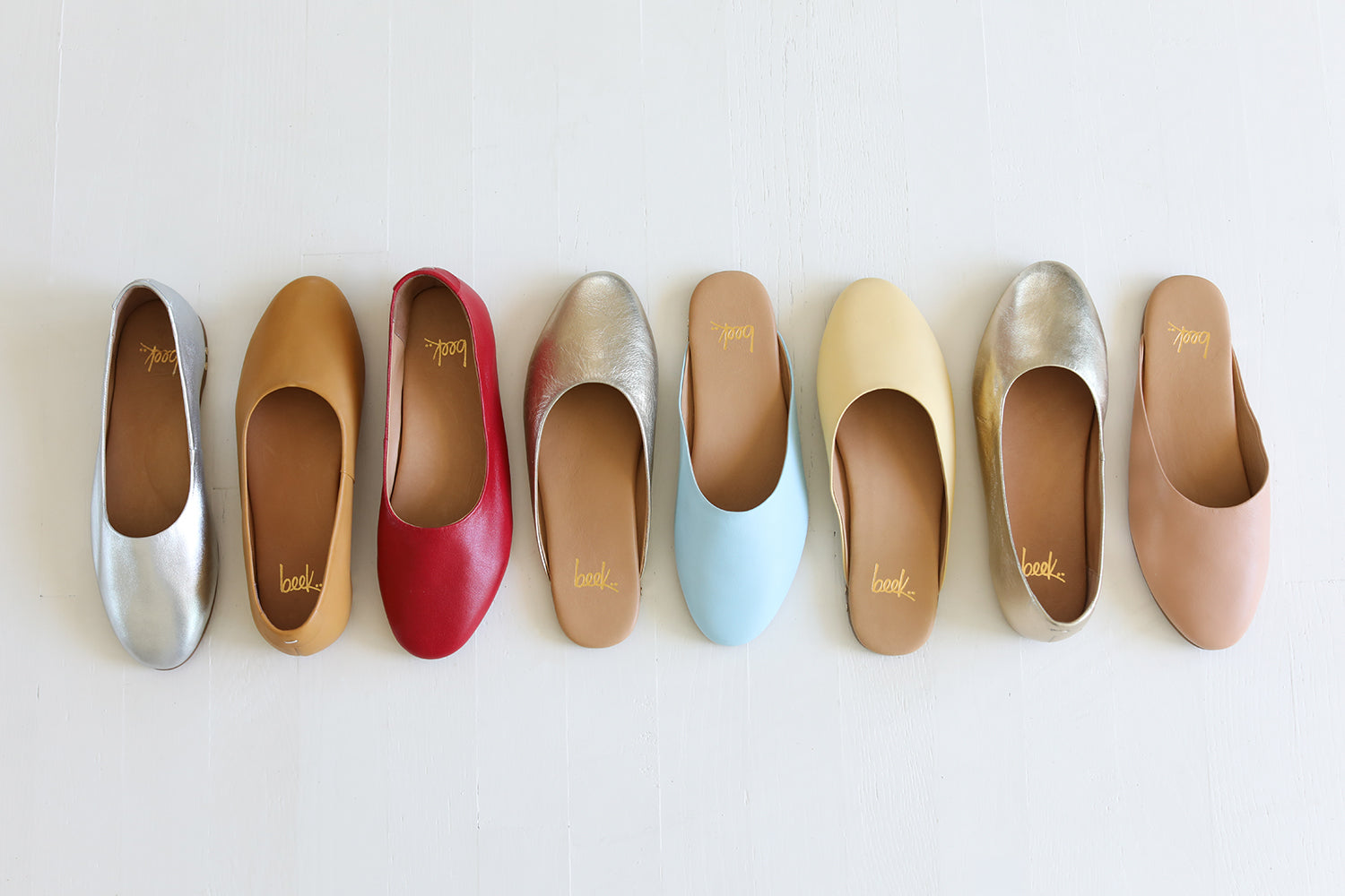 Swiftlet leather ballet slipper in silver, honey, lipstick, gold with Phoebe leather ballet mule in gold, sky, glow, and beach
