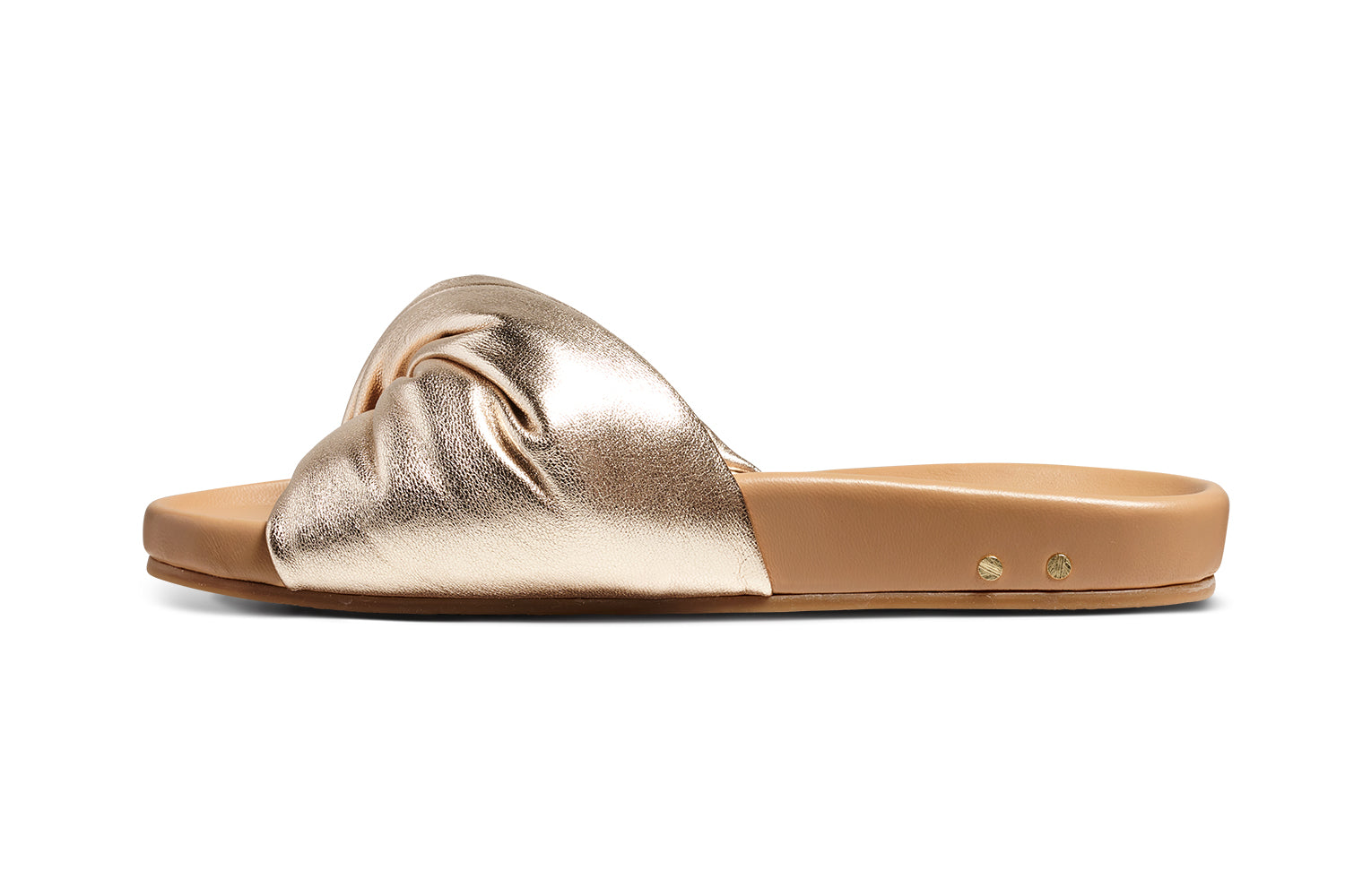 Tesia leather slide sandal in gold/beach - product side shot