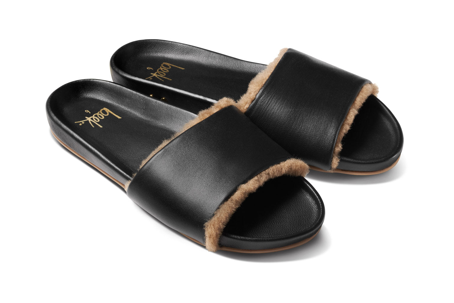 Shearling Fur Slide with Feather - Black Flat Women's Sandals