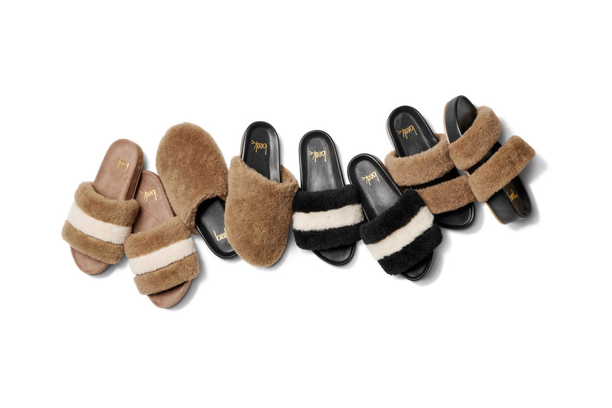 Group product shot of shearling slides - Martin Shearling bronze, Flufftail bronze/black, Martin Shearling black, Stilt bronze/black