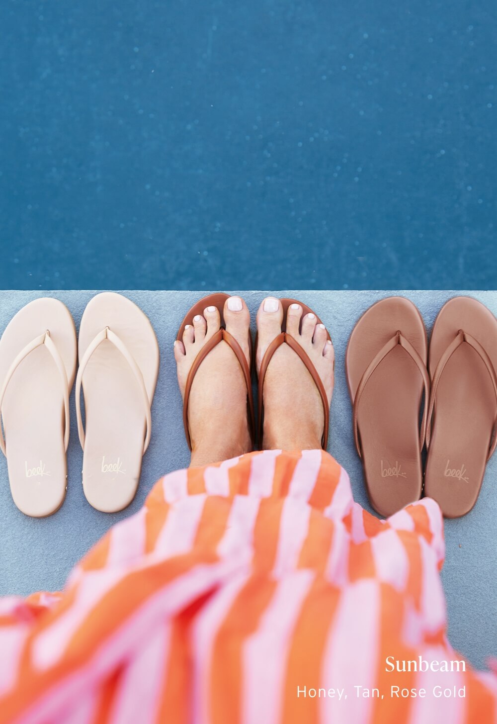Woman wearing Sunbeam leather flip flop sandals in tan next to Sunbeam sandals in honey and rose gold.