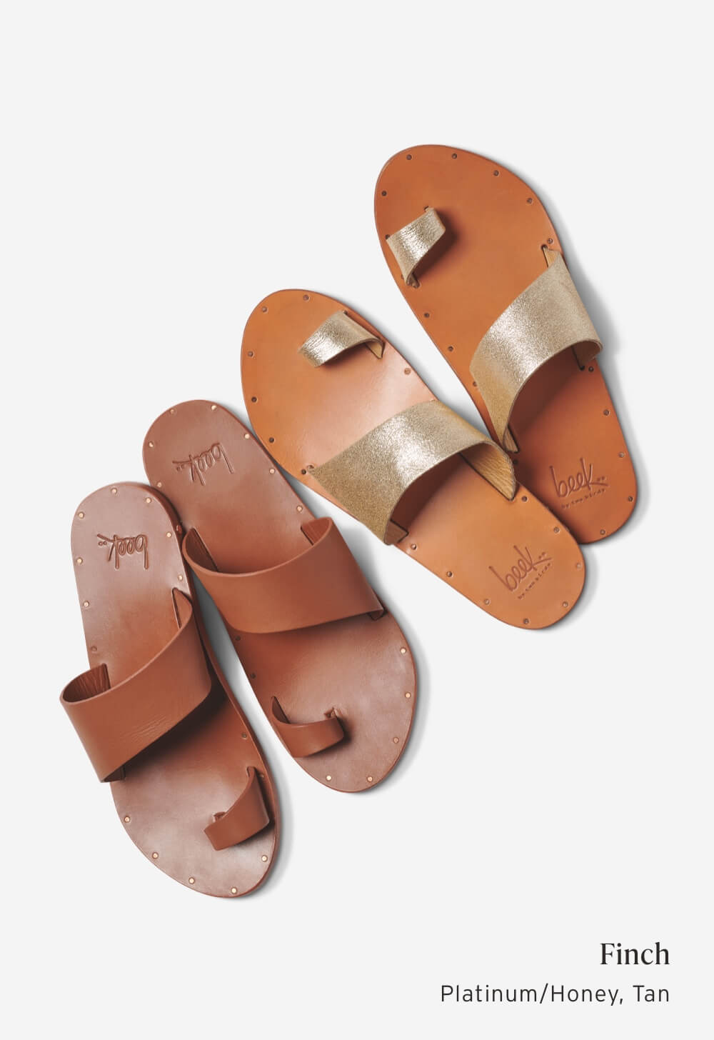 Finch leather toe ring sandals in platinum/honey and tan.