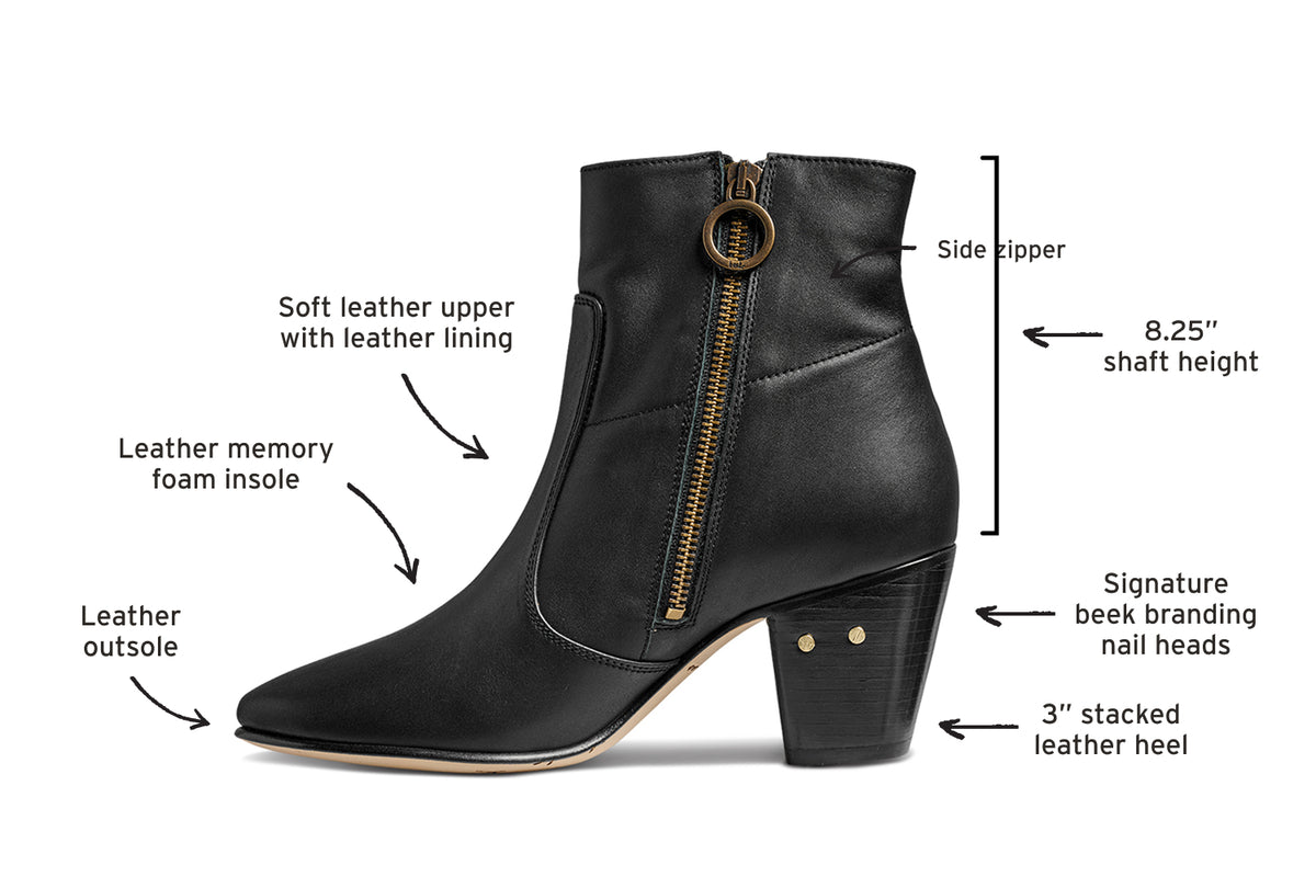 Diagram of Catbird leather boots in black calling out leather outsole, leather memory foam insole, soft leather upper with leather lining, side zipper, 8.25" shaft height, signature beek branding nail heads, 3" stacked leather heel