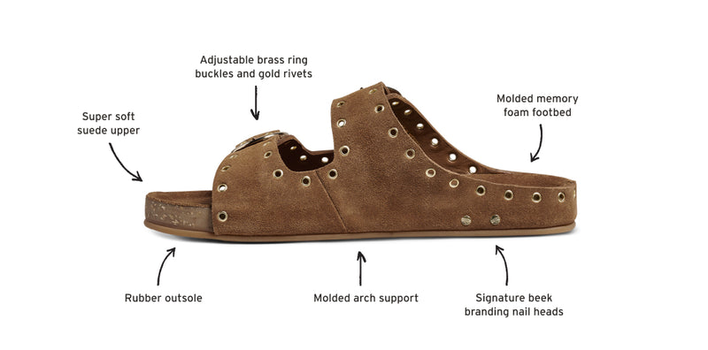 Cedar suede buckle sandal in chestnut with callouts: super soft suede upper, adjustable brass ring buckles and gold rivets, molded memory foam footbed, signature beek branding nail heads, molded arch support, rubber outsole.