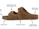 Cedar suede buckle sandal in chestnut with callouts: super soft suede upper, adjustable brass ring buckles and gold rivets, molded memory foam footbed, signature beek branding nail heads, molded arch support, rubber outsole.