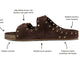 Cedar suede buckle sandal in coffee with callouts: super soft suede upper, adjustable brass ring buckles and gold rivets, molded memory foam footbed, signature beek branding nail heads, molded arch support, rubber outsole.