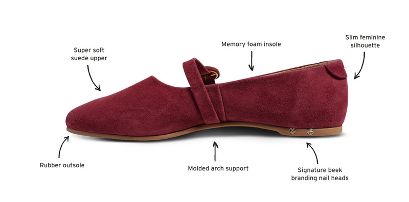 Crane suede mary jane shoe in port with callouts: super soft suede upper, memory foam insole, slim feminine silhouette, signature beek branding nail heads, molded arch support, rubber outsole.