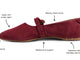 Crane suede mary jane shoe in port with callouts: super soft suede upper, memory foam insole, slim feminine silhouette, signature beek branding nail heads, molded arch support, rubber outsole.