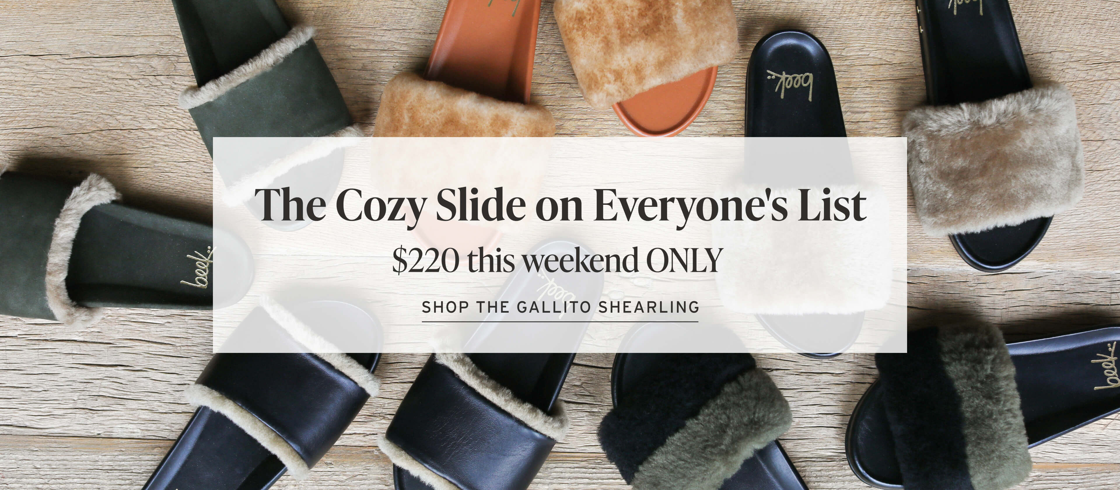 Group shot of Gallito Shearling slides with text "The Cozy Slide on Everyone's List, $220 this weekend ONLY" and CTA "Shop the Gallito Shearling"