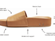 Diagram of pelican leather platform slide sandal  with call outs to super soft leather upper, memory foam, signature beek branding nail heads, leather wrapped platform footbed, molded arch support, and rubber outsole.