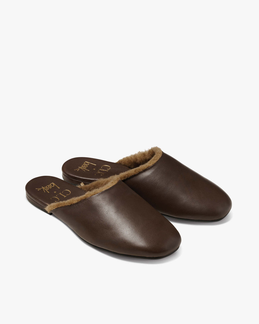 Larkin shearling leather mule in chocolate - product angle shot