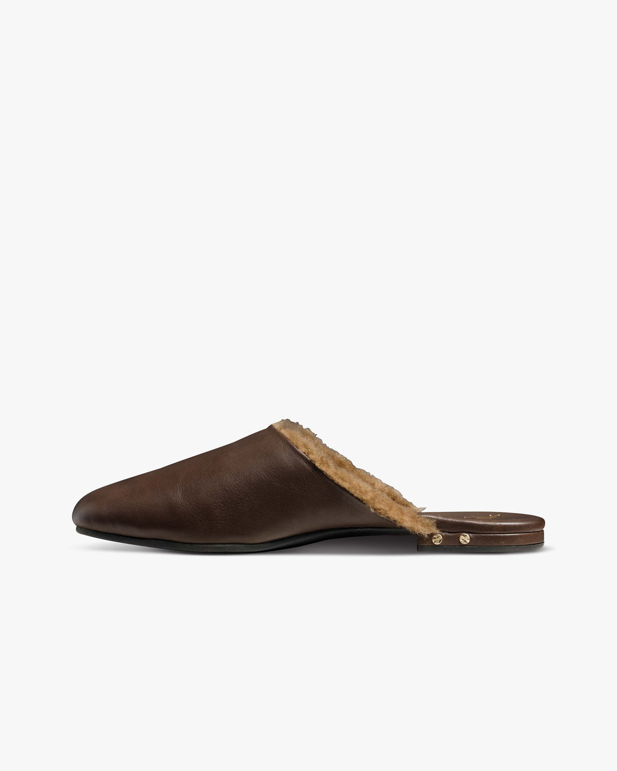 Larkin shearling leather mule in chocolate - product side shot