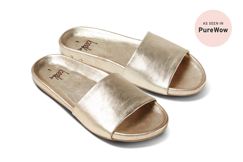 Gallito slide sandal - platinum - angle shot - with press bubble "As seen in PureWow"