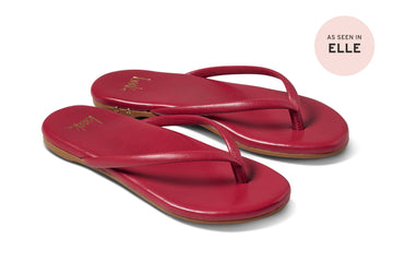 Sunbeam leather flip flop sandal in lipstick - product angle shot with press badge "as seen in Elle"
