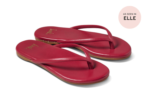 Sunbeam leather flip flop sandal in lipstick - product angle shot with press badge "as seen in Elle"