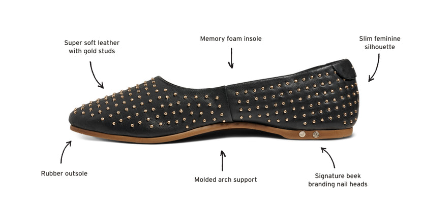Swiftlet Stud leather ballet slipper in black with arrows calling out super soft leather with gold studs, memory foam insole, slim feminine silhouette, signature beek branding nail heads, molded arch support, rubber outsole.