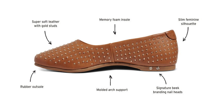 Swiftlet Stud in tan diagram calling out Super soft leather with gold studs, memory foam insole, slim feminine silhouette, signature beek branding nail heads, molded arch support, rubber outsole