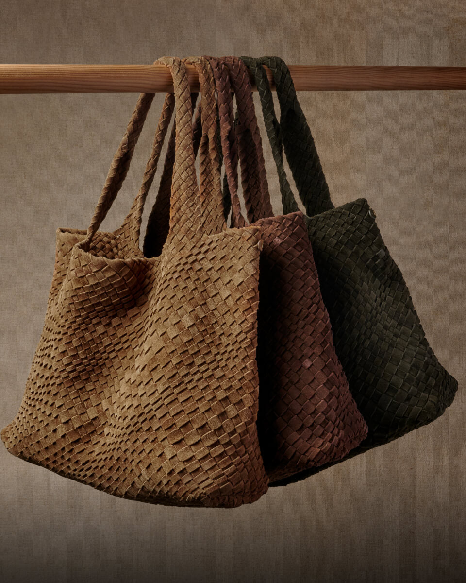 Group shot of Willet suede woven tote bags in chestnut, coffee, olive.