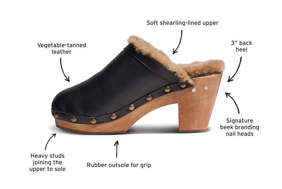 Diagram of Woodpecker Shearling in black calling out vegetable-tanned leather, soft shearling-lined upper, 3" back heel, signature beek branding nail heads, rubber outsole for grip, heavy studs joining the upper to sole