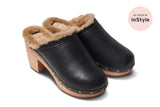 Woodpecker Shearling clogs in black - angle shot. As seen in InStyle.