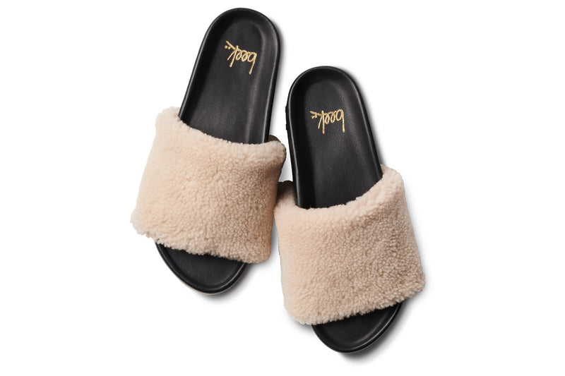 Albatross Shearling platform sandal in natural/black - product top shot
