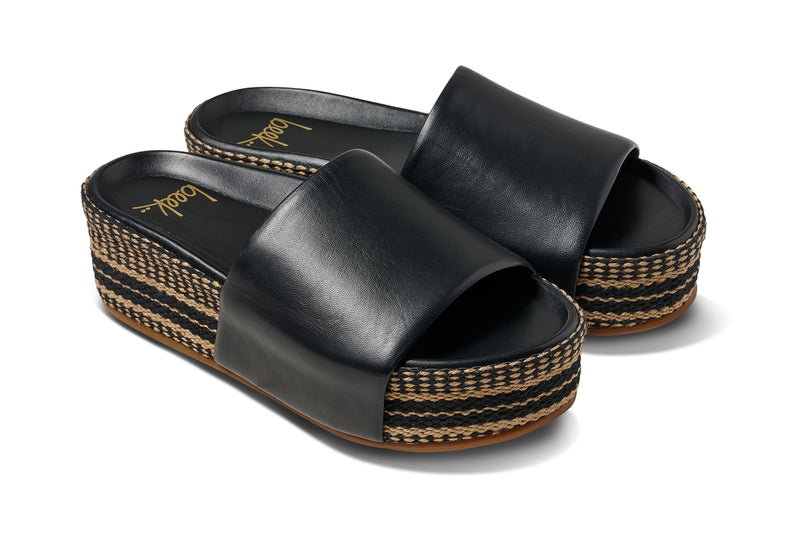 Albatross Textile leather platform slide sandal in black - product angle shot