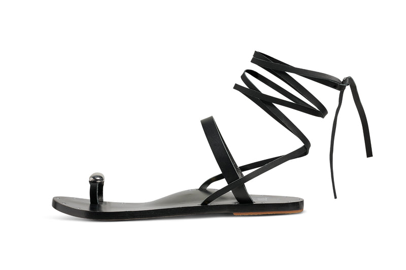 Amethyst Leather toe-ring ankle wrap sandal in black - product side shot