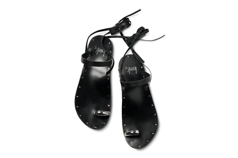 Amethyst Leather toe-ring ankle wrap sandal in black - product top shot