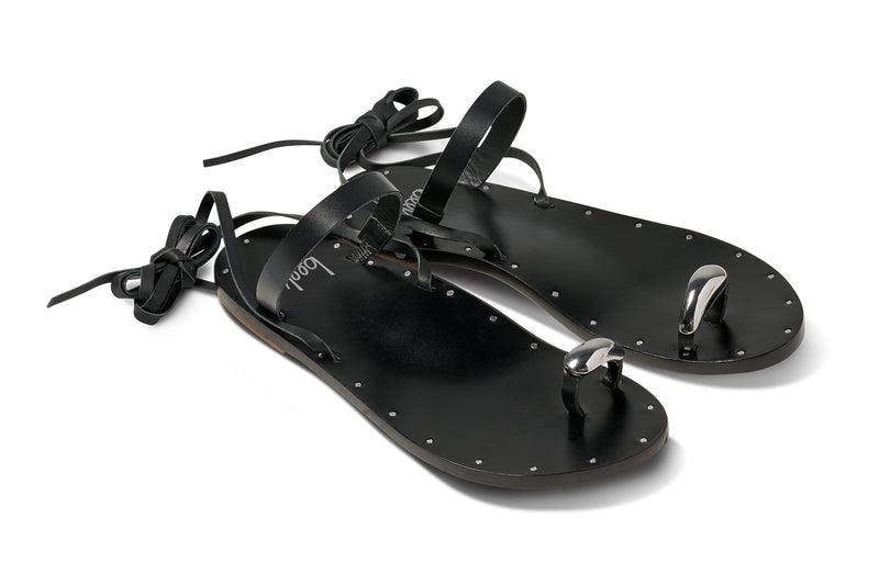 Amethyst Leather toe-ring ankle wrap sandal in black - product angle shot