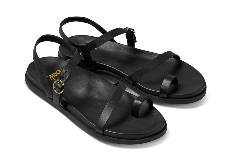 Auklet leather toe-ring sandal in black - product angle shot