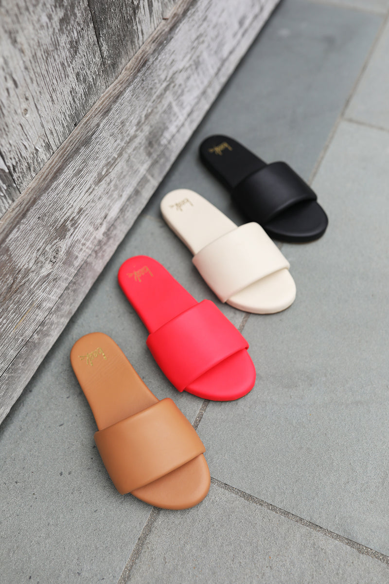 Group shot of Baza leather slide sandals in honey, cherry, eggshell, black.