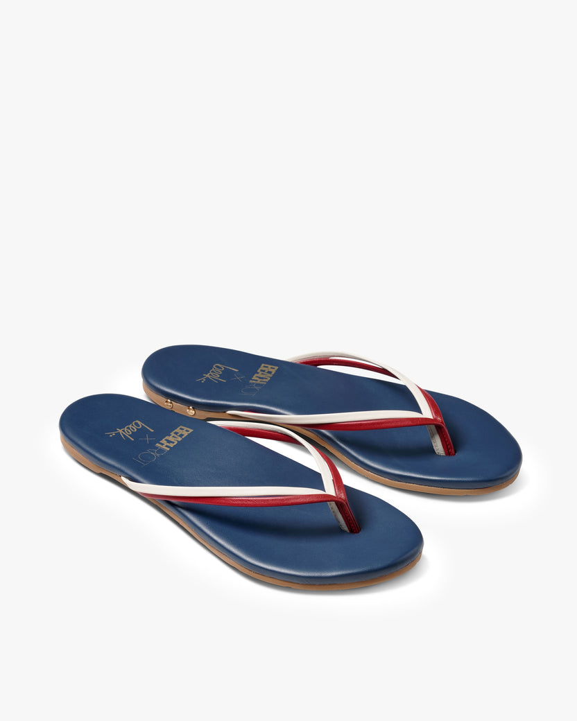 Beachbird leather flip flop sandals in multi/navy - product angle shot