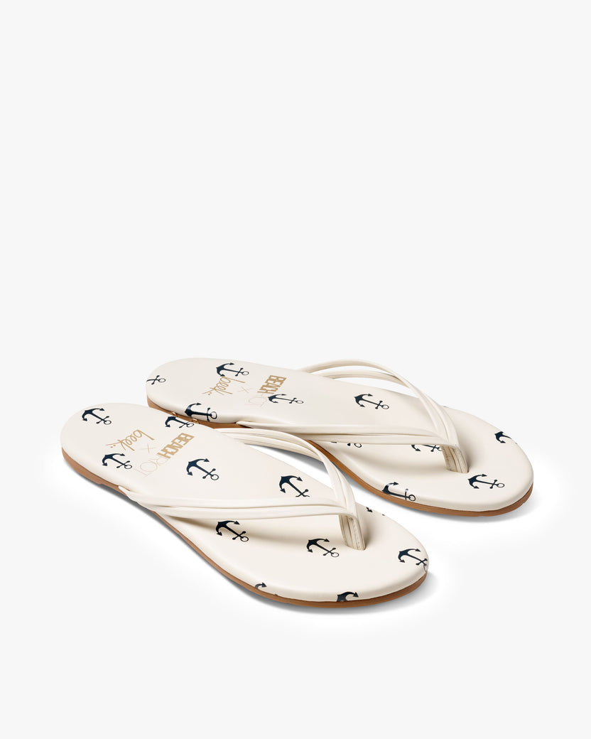 Beachbird leather flip flop sandals in vanilla/navy - product angle shot
