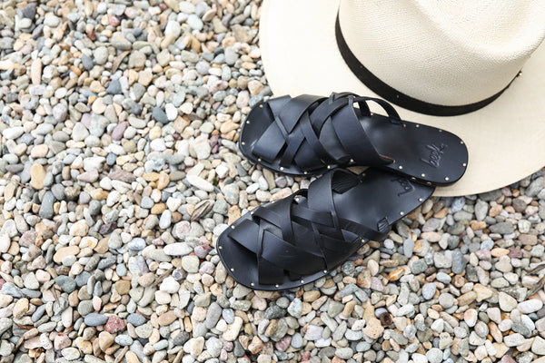 Bittern woven leather sandals in black nexdt to hat