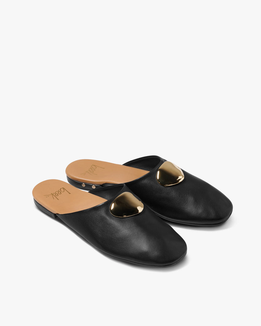 Blackbird Bling leather mule in black with gold embellishment hardware - product angle shot