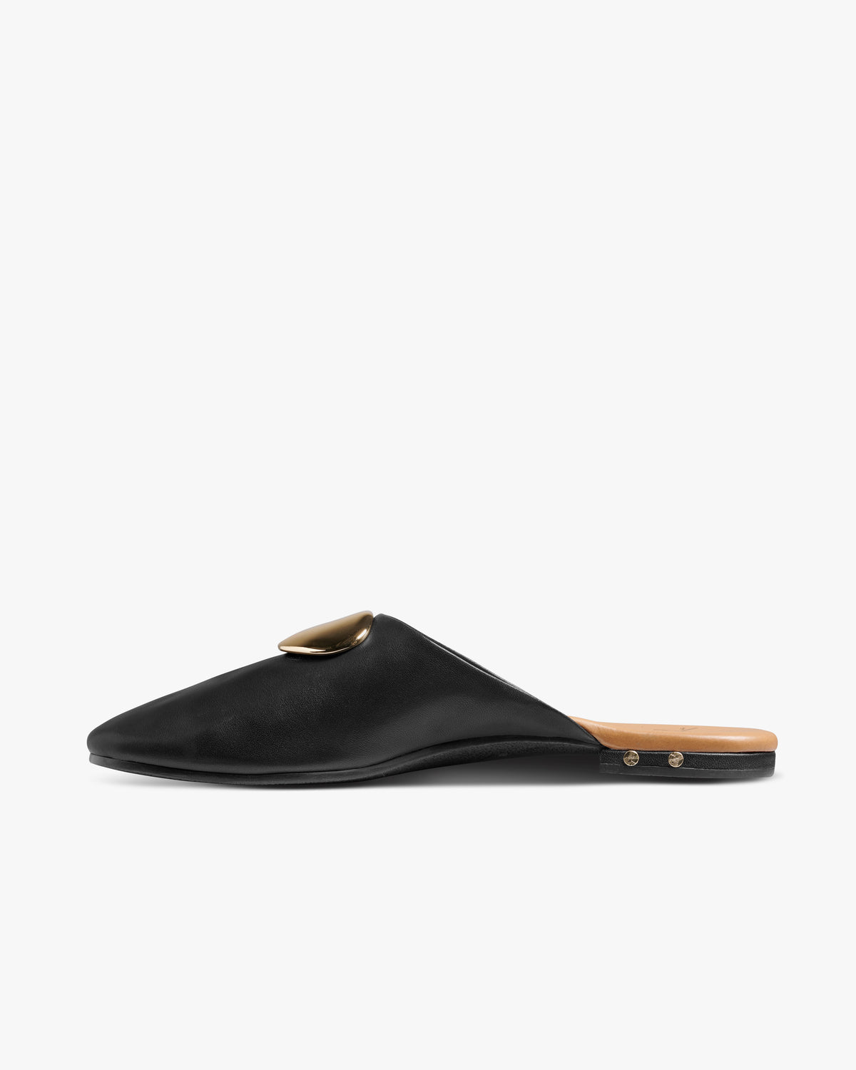 Blackbird Bling leather mule in black with gold embellishment hardware - product side shot