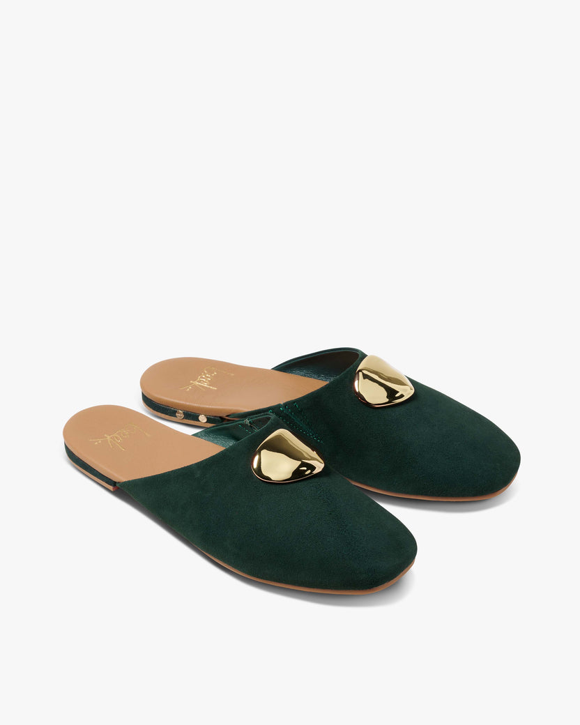 Blackbird Bling suede mule in teal with attached gold charm - product angle shot