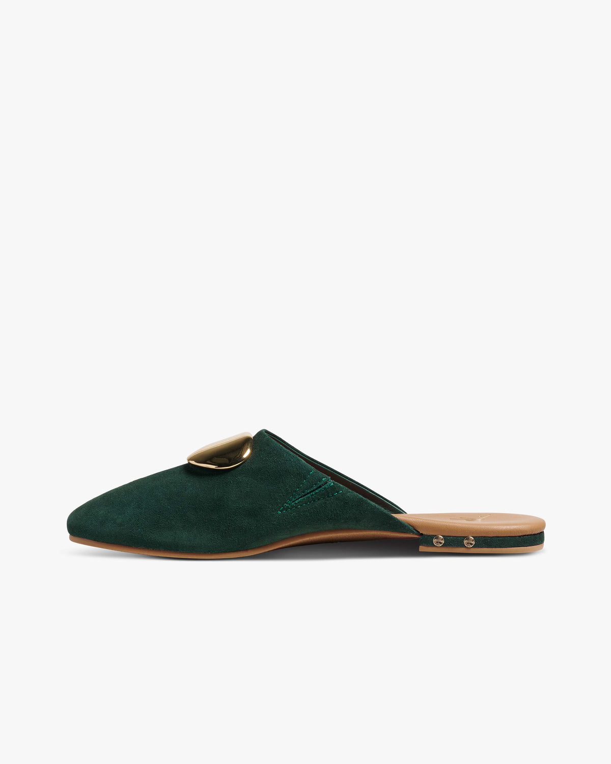 Blackbird Bling suede mule in teal with attached gold charm - product side shot