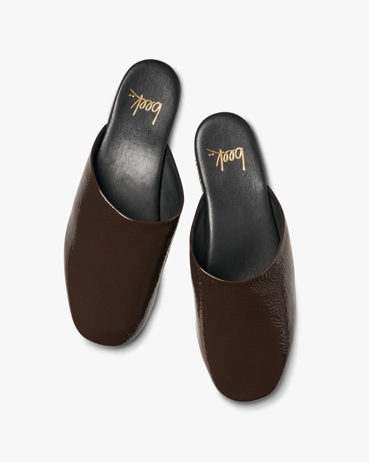 Blackbird patent leather mules in coffee - product top shot