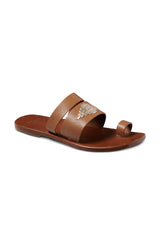 Brilliant leather toe-ring sandals in cognac with platinum details - single shoe angle shot