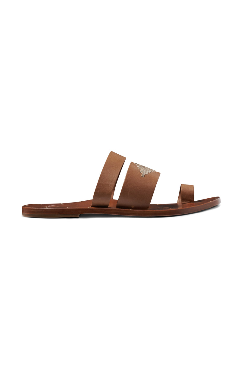 Brilliant leather toe-ring sandals in cognac with platinum details - outer side shot