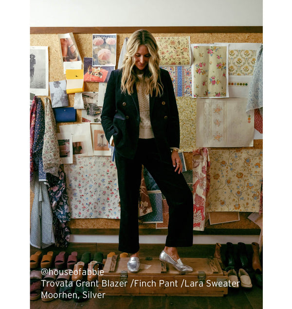 @houseofabbie wearing Trovata Grant blazer, Finch pants, Lara sweater with beek Moorhen leather loafers in silver.