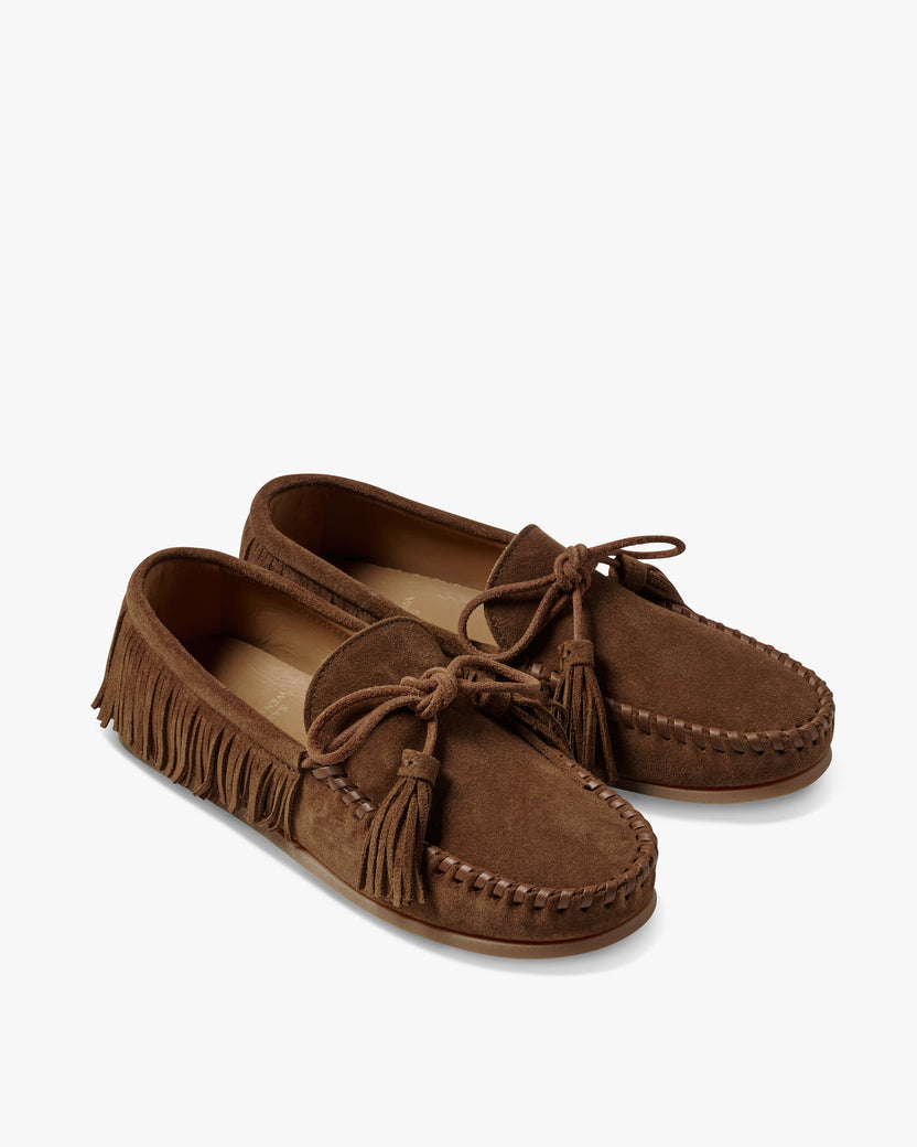 Samantha Wennerstrom collab Burke suede moccasin shoe in chestnut - product angle shot