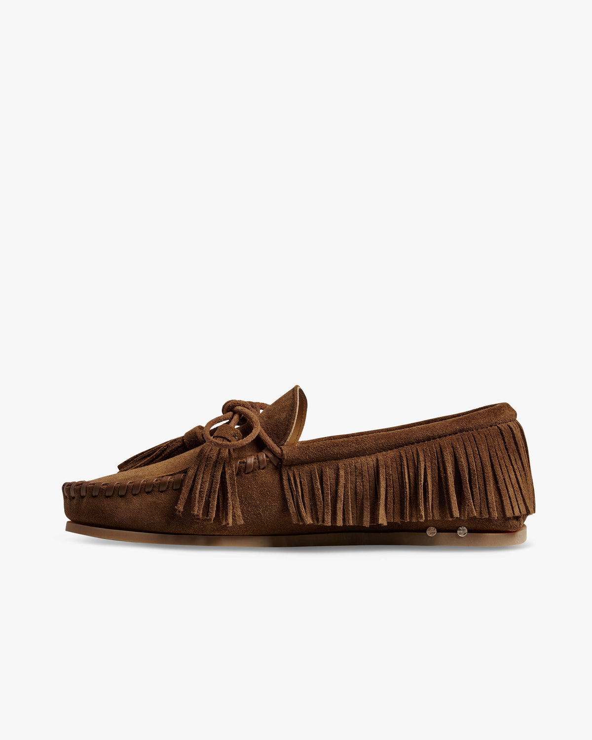 Samantha Wennerstrom collab Burke suede moccasin shoe in chestnut - product side shot