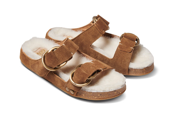 Buzzard shearling sandals in chestnut - product angle shot